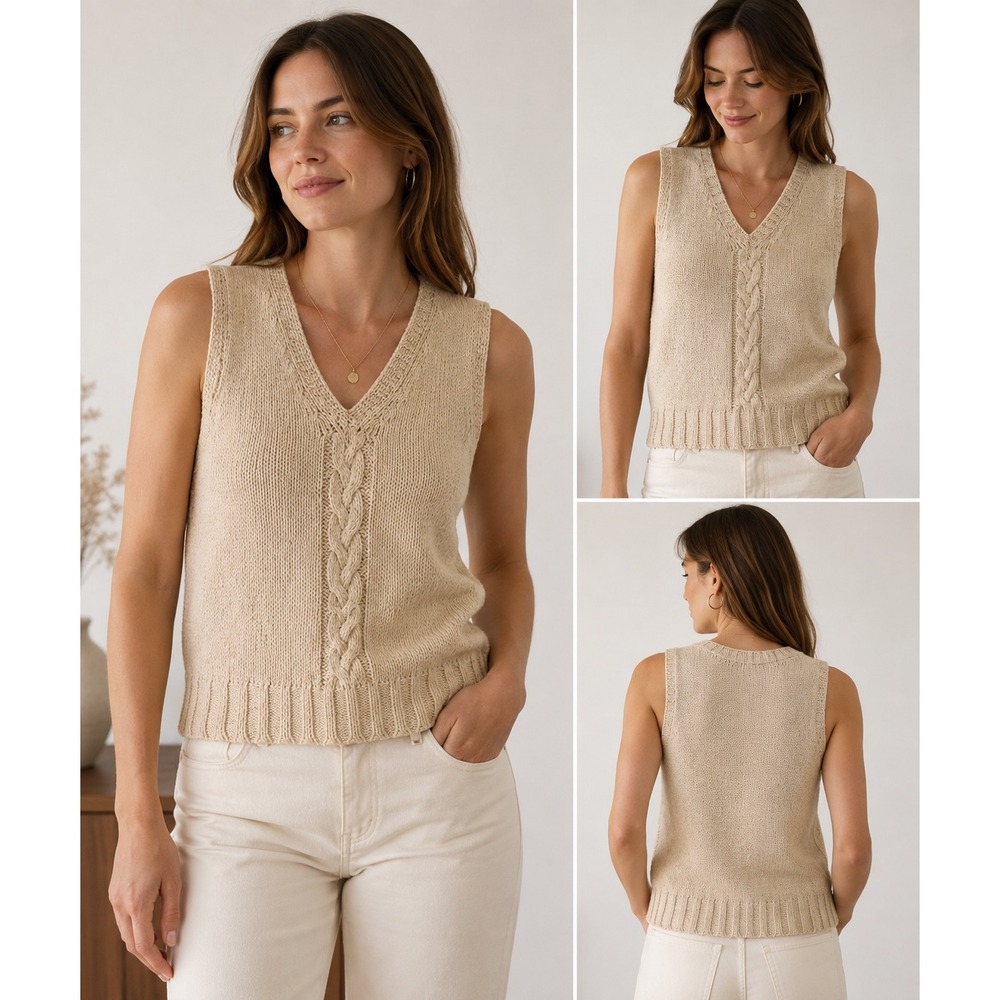 The Eagles Eye Vintage Silk Cotton Cable Knit V-Neck Sweater Vest Beige 38